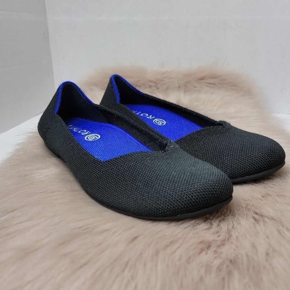 Rothy's Black Round Toe Ballet Flat Classic Blue Halo Womens Shoes Size 7.5